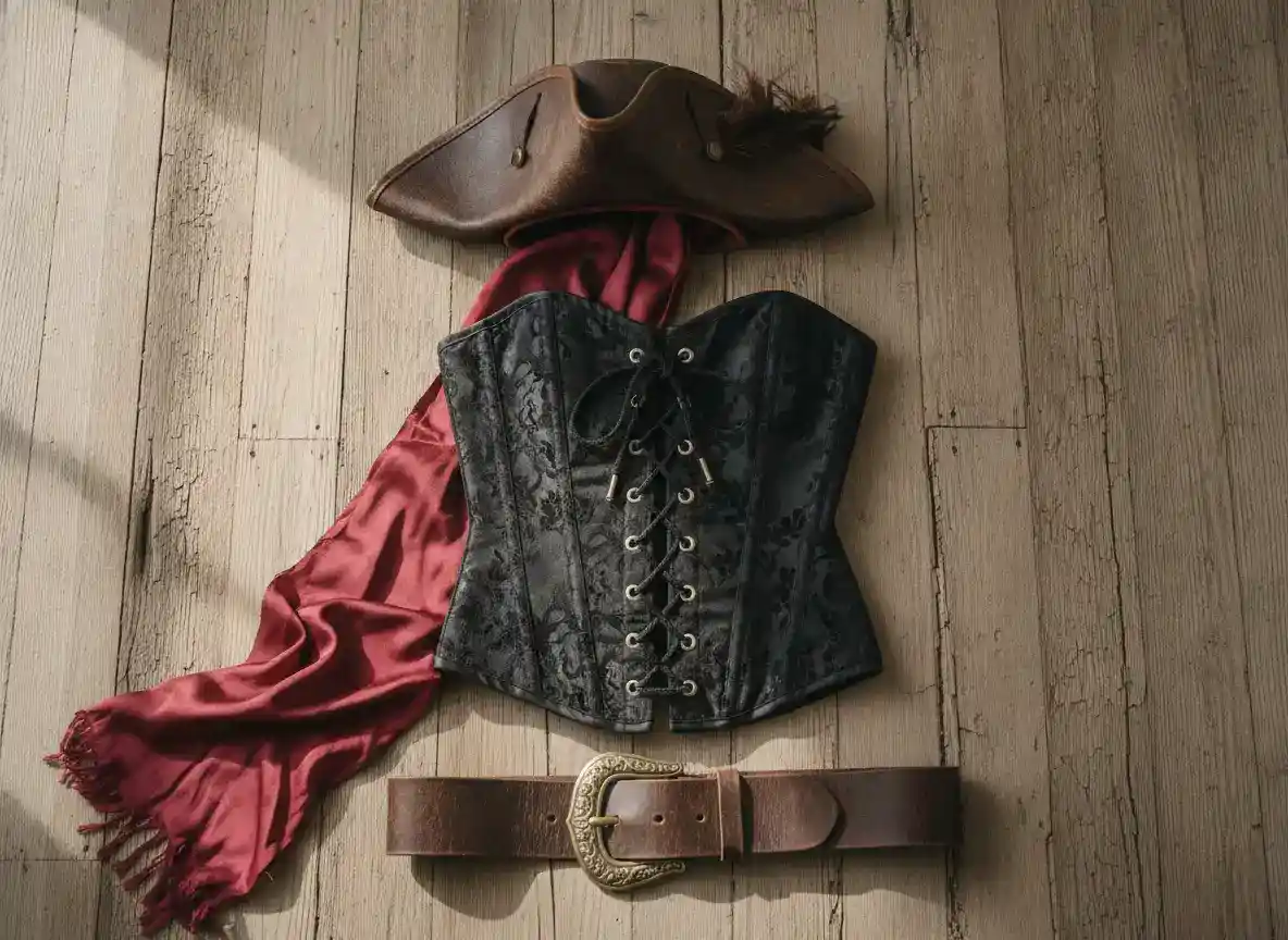 Piratoutfit med svart korsett, rött skärp och trekantig hatt på trägolv