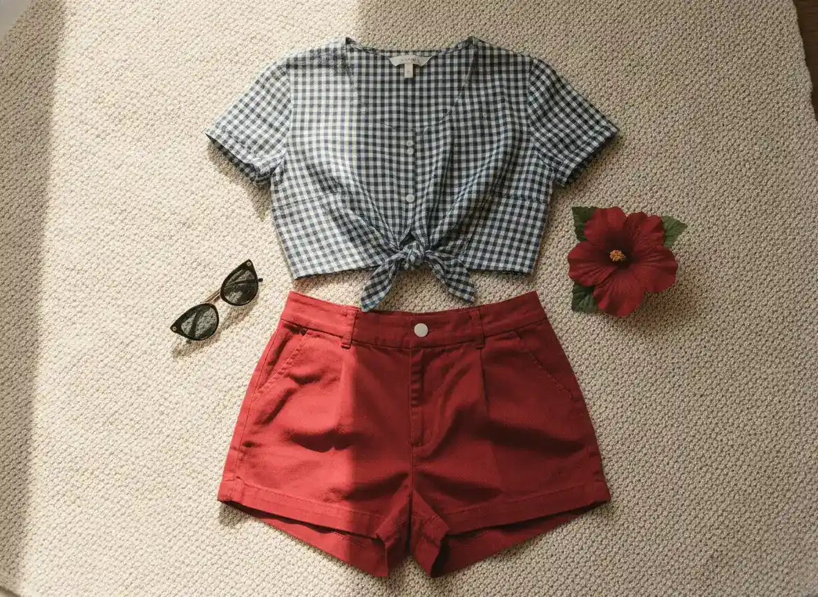 Flatlay med höga shorts, knuten rutig topp, solglasögon och hårblomma